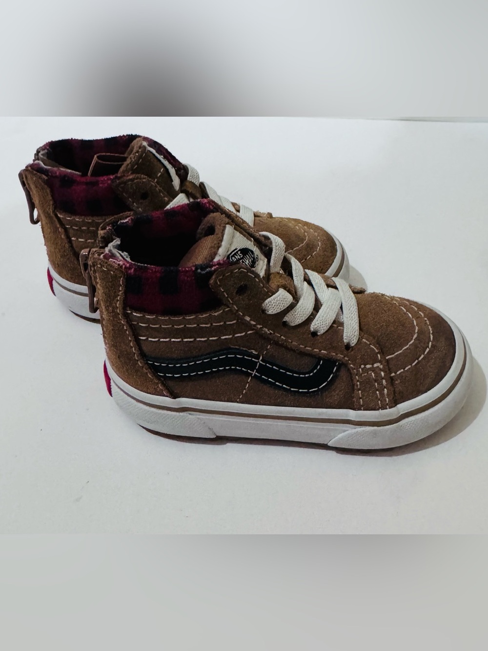 Toddler Vans Sk8-Hi MTE Brown/Tan Suede Plaid High Top Zipper Shoes Size 5